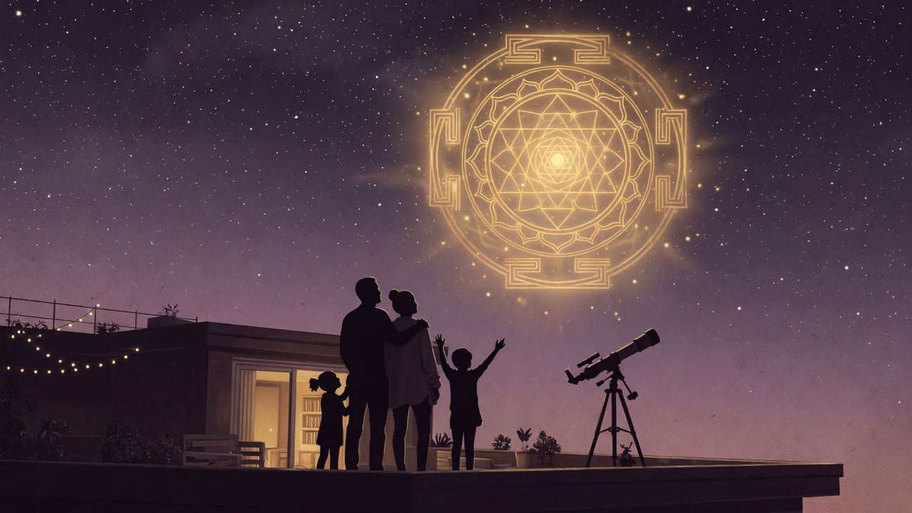 Family gathered under a starry sky